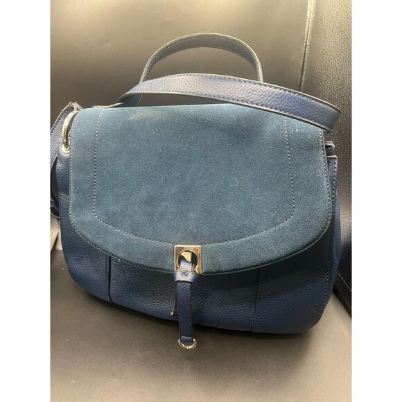 IVANKA TRUMP Claudia Twilight Blue Suede Leather Saddle Bag Style Tote Wallet - Picture 1 of 12